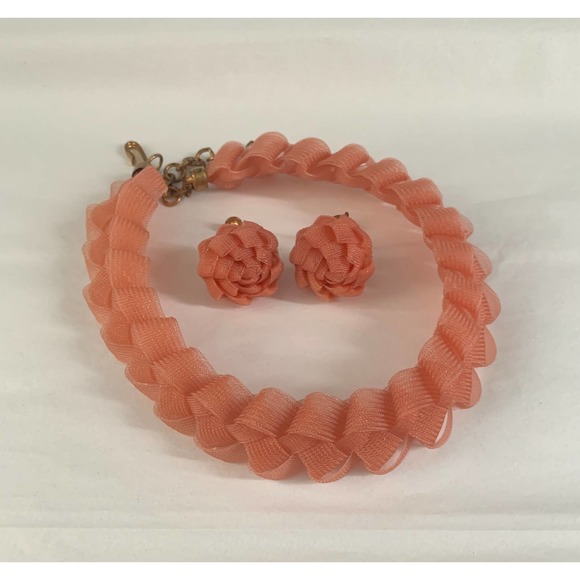 Coral Ribbon Braid Necklace Earrings Set - Picture 1 of 10
